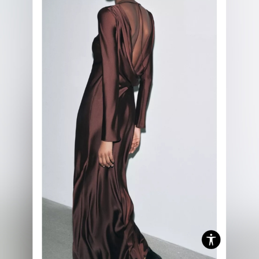 Zara Satin Long Sleeve Backless Gown in Brown - Picture 3 of 5